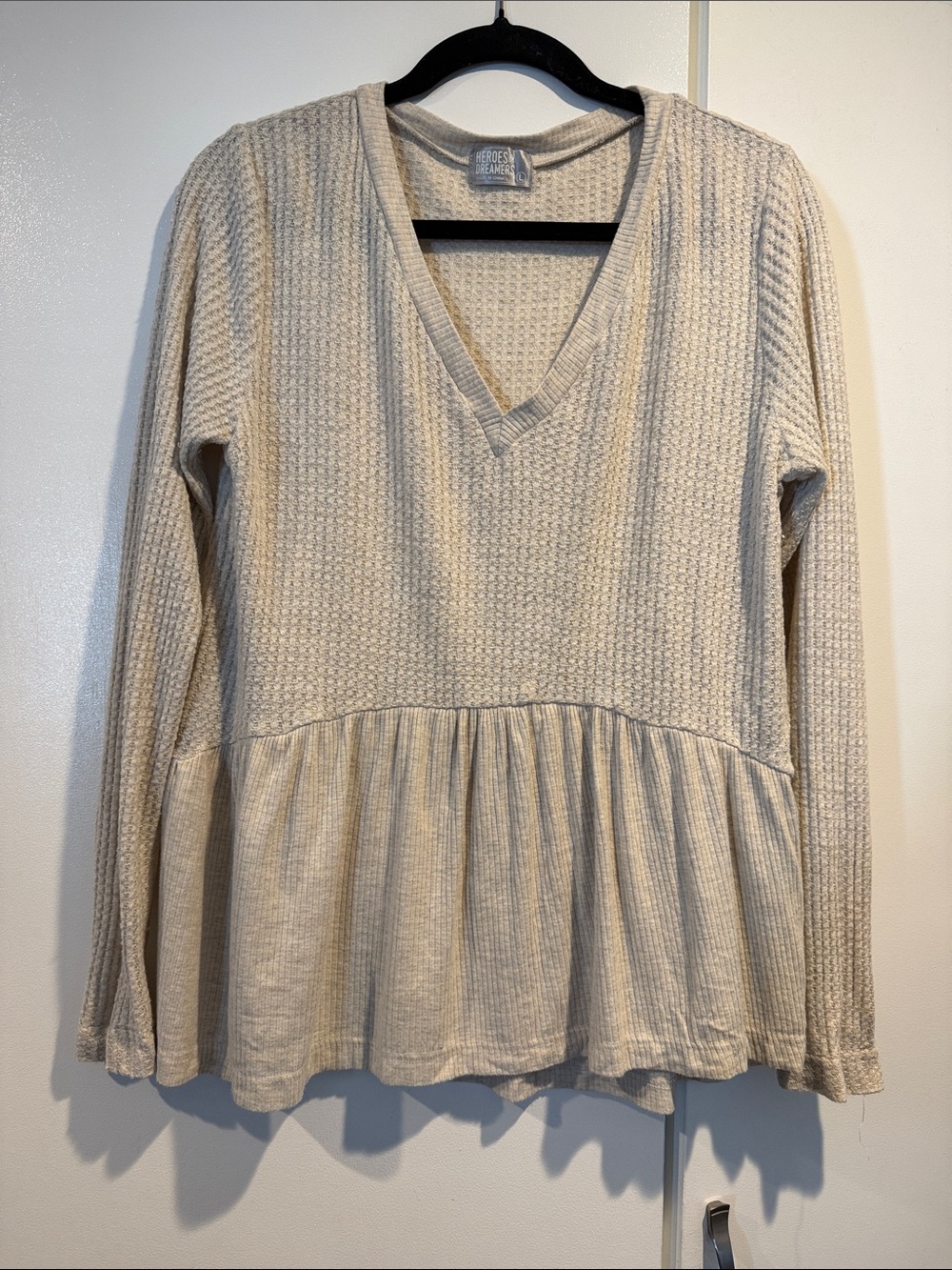 Cream Peplum Waffle-Knit V-Neck Long Sleeve Top